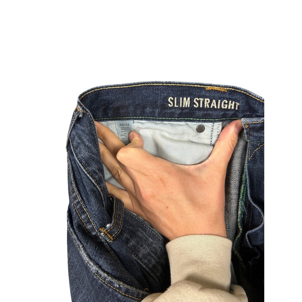 American Eagle Slim Straight Jeans Mens 38x32 Dark Wash Distressed Denim Blue - Picture 2 of 8